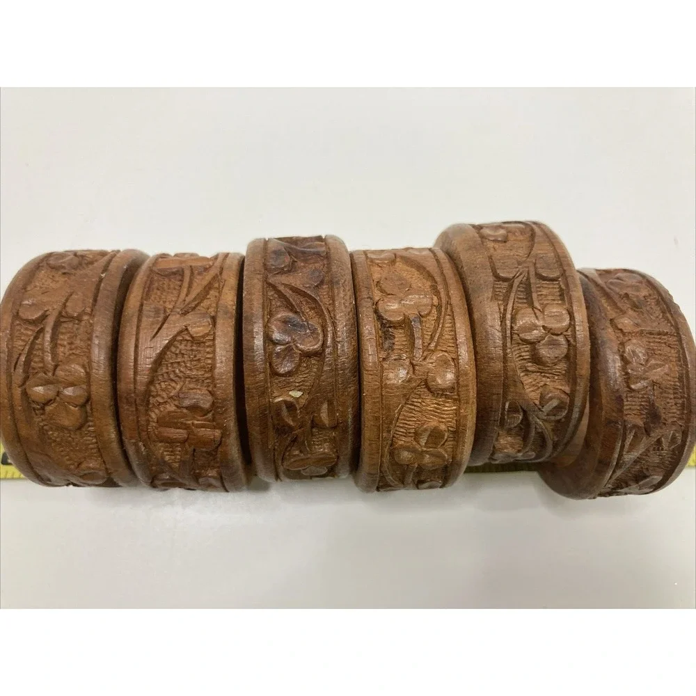 Vintage Carved Wood Napkin Rings Floral Pattern Made in India Set of‎ 6
